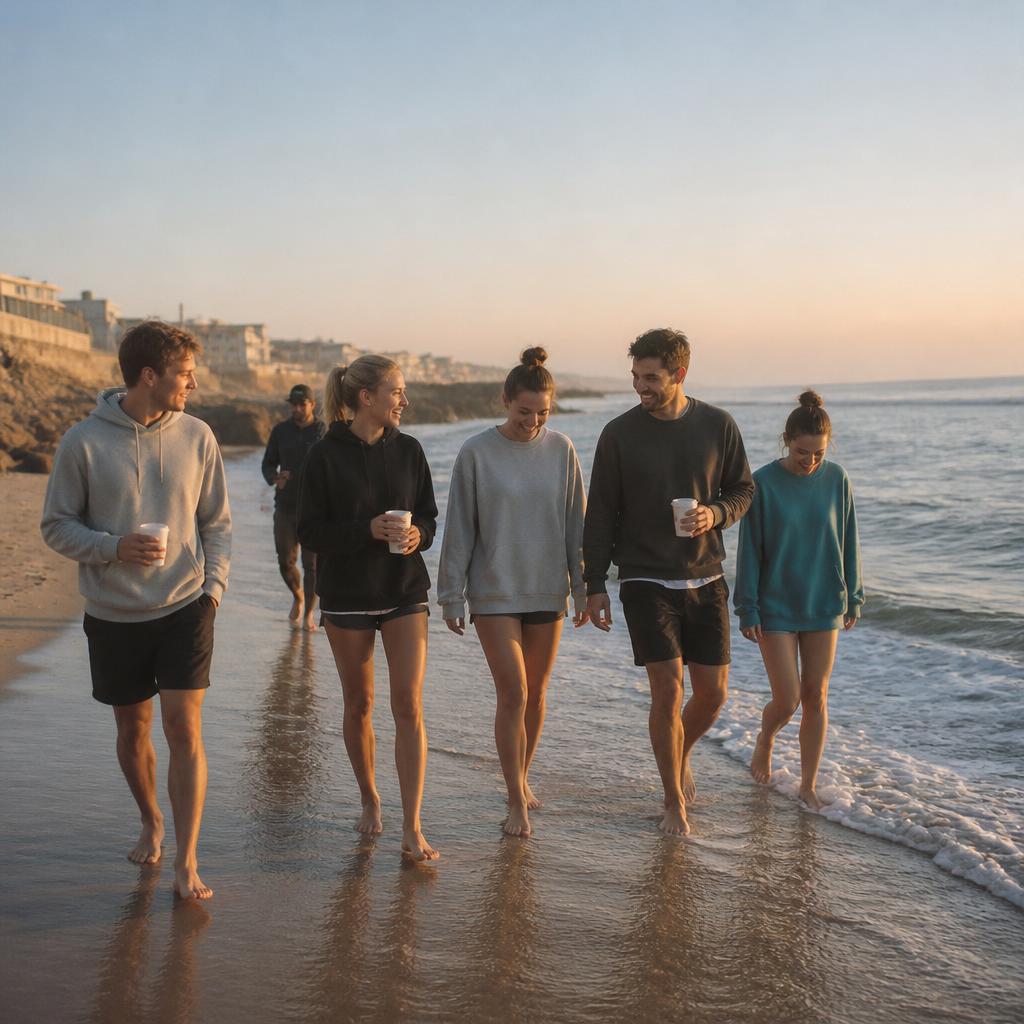 Gruppo che cammina sulla spiaggia al tramonto