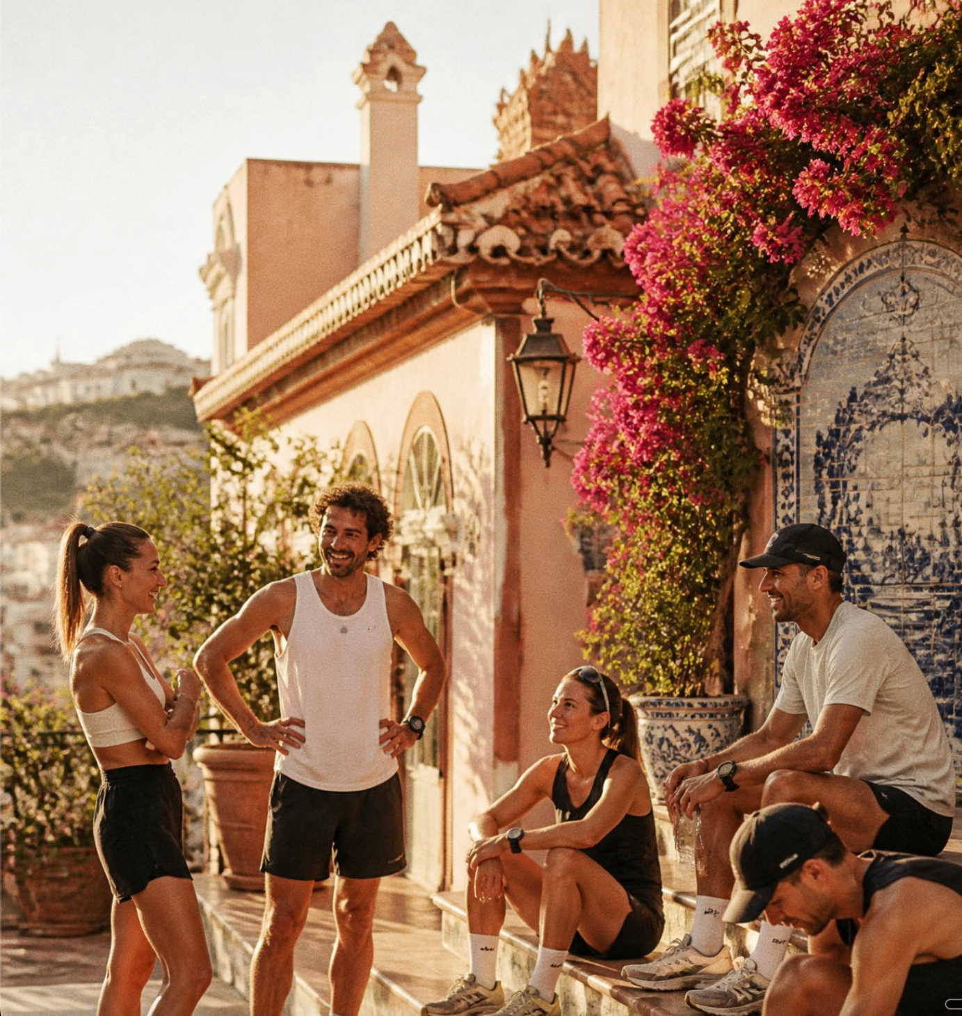 Happy runners training together on a sunny terrace