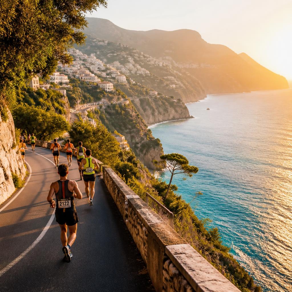 Marathon runners on the dramatic Amalfi Coast at golden hour