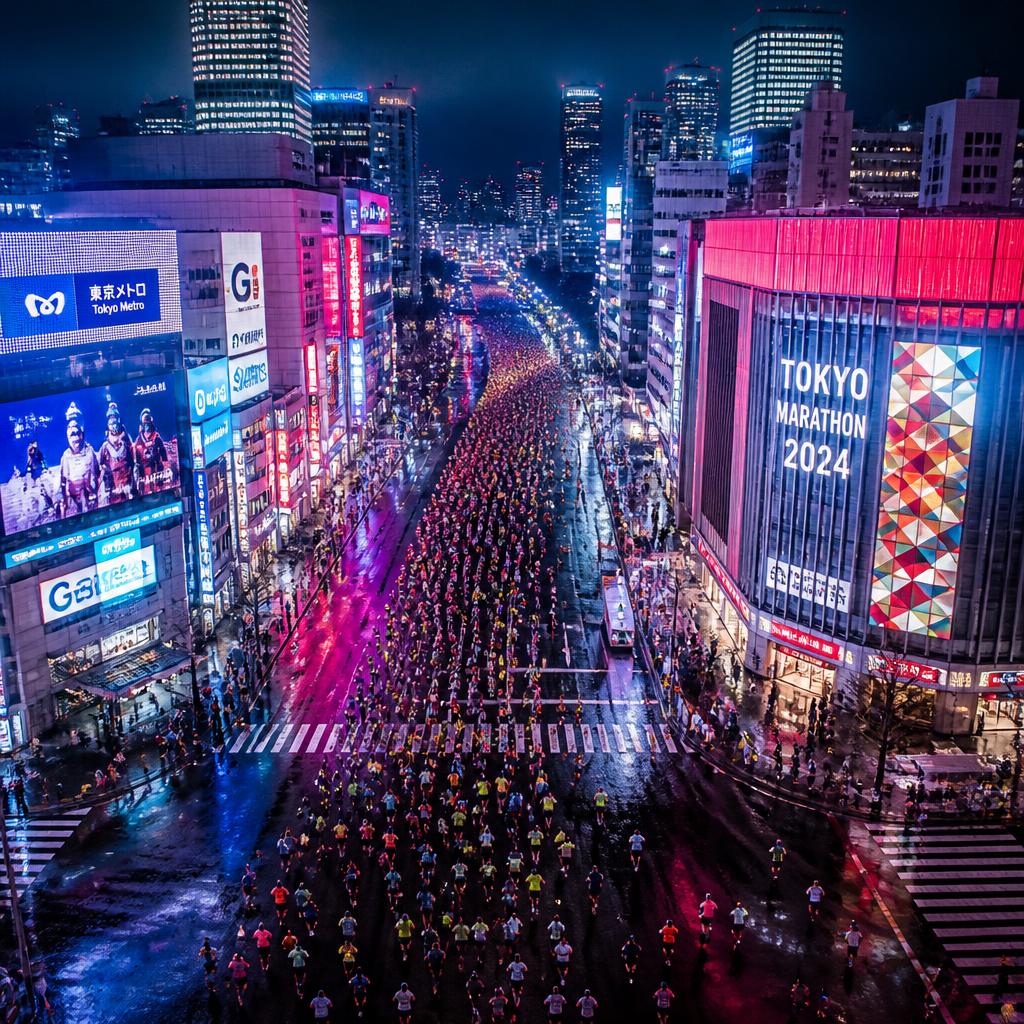 Tokyo Marathon at night with neon city lights reflecting on wet streets