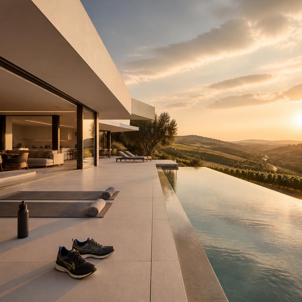 Stunning modern villa with infinity pool overlooking vineyards at sunset